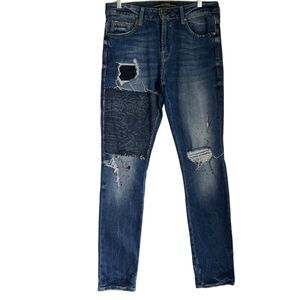 Vintage Guess Patchwork Skinny Jeans Women 32 Blue Distressed Moto Punk Grunge